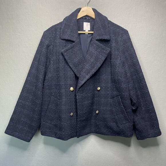 Lauren Conrad Womens Plus 1X Navy Plaid Double-Breasted Peacoat Jacket - Picture 1 of 7